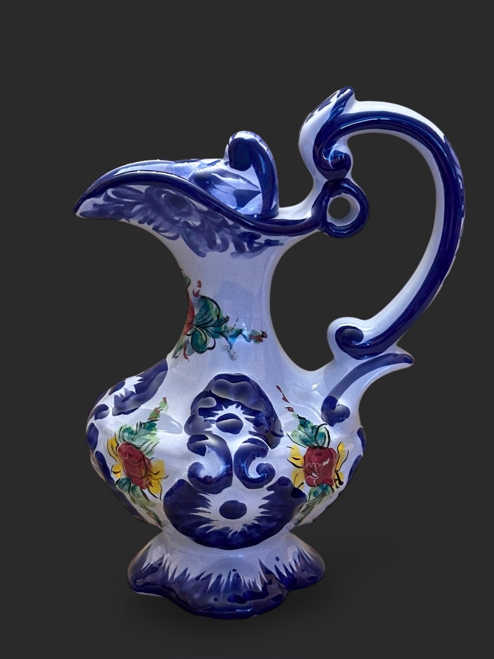 Vintage Portuguese Pottery Hand Painted Ceramic Cruet Ewer Pitcher With Stopper